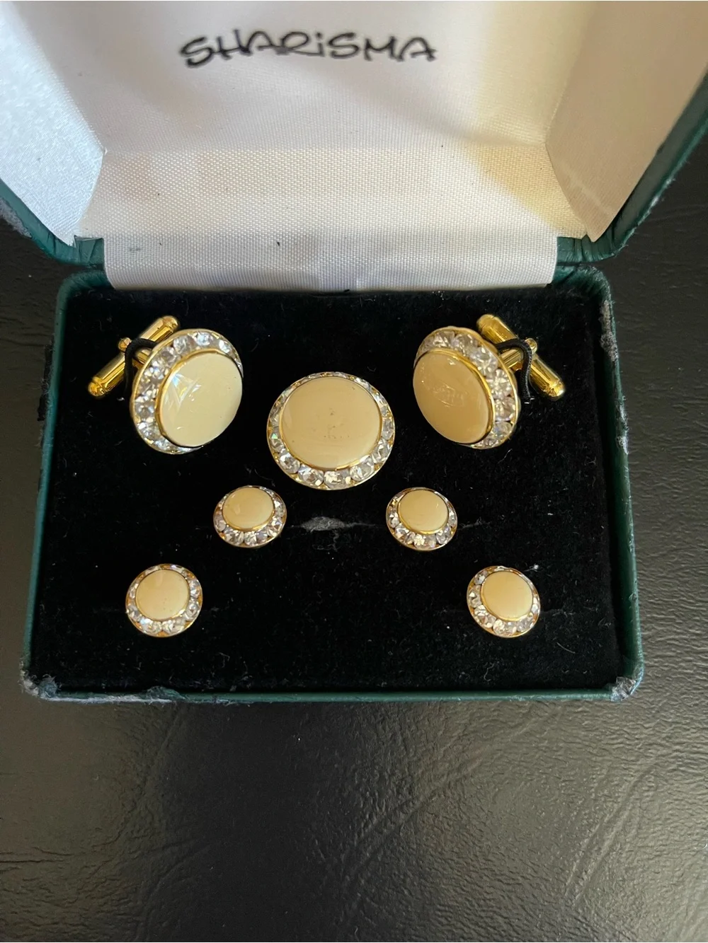 Vintage Gold-Tone color enamel & Rhinestone Men’s Cufflink and Stud Set